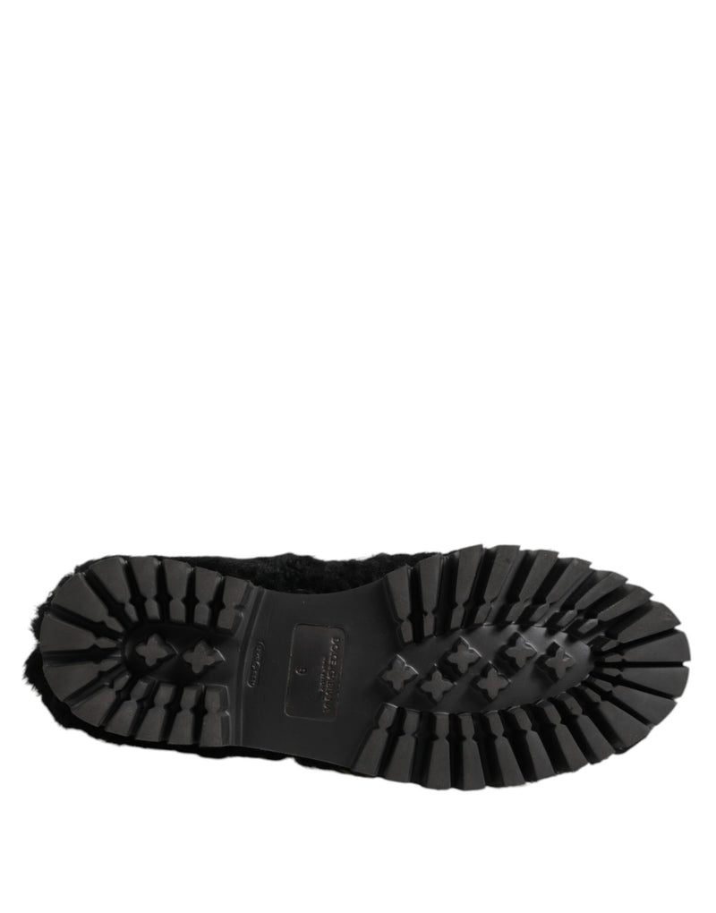 Pantuflas de vestir de cuero y pelo negro Dolce & Gabbana para hombre