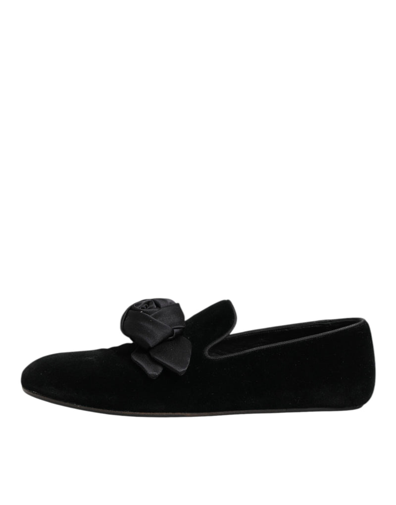Mocasines sin cordones de ante negro y algodón con rosas Dolce & Gabbana