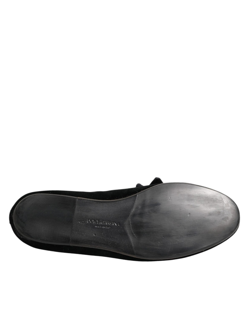 Mocasines sin cordones de ante negro y algodón con rosas Dolce & Gabbana