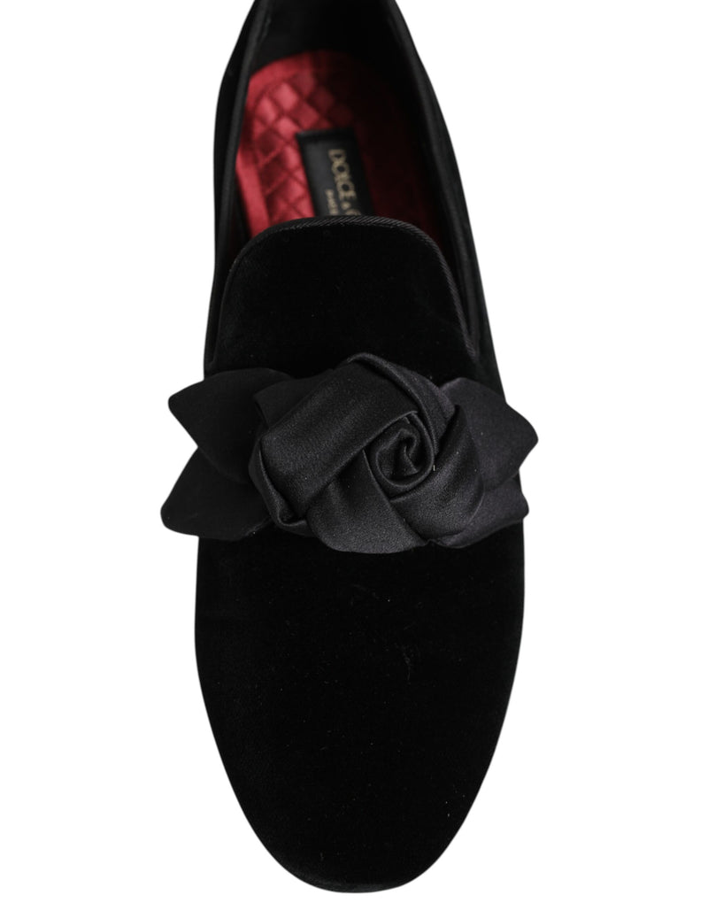 Mocasines sin cordones de ante negro y algodón con rosas Dolce & Gabbana