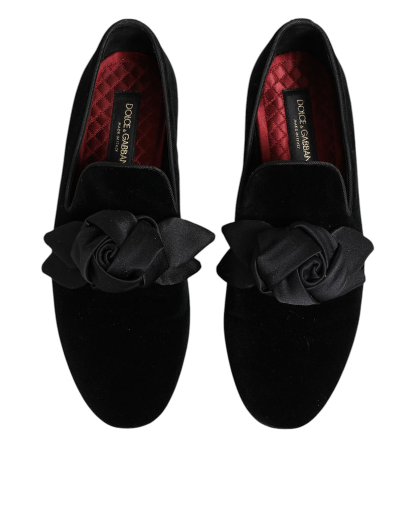 Mocasines sin cordones de ante negro y algodón con rosas Dolce & Gabbana