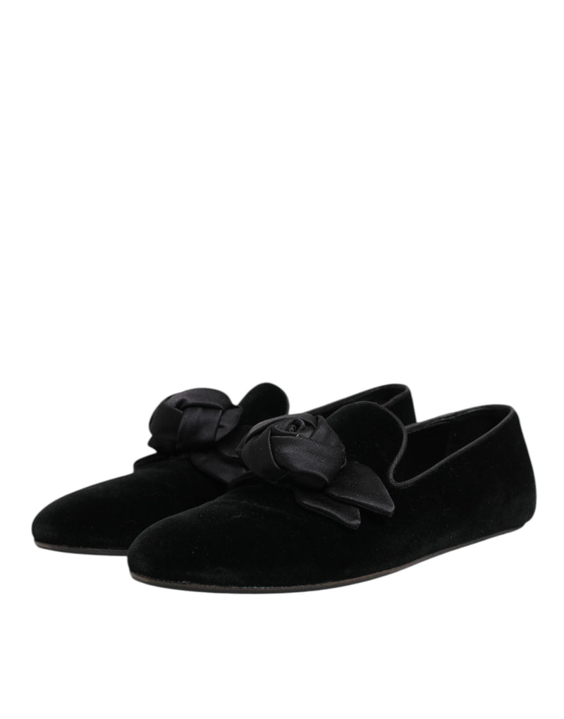 Mocasines sin cordones de ante negro y algodón con rosas Dolce & Gabbana