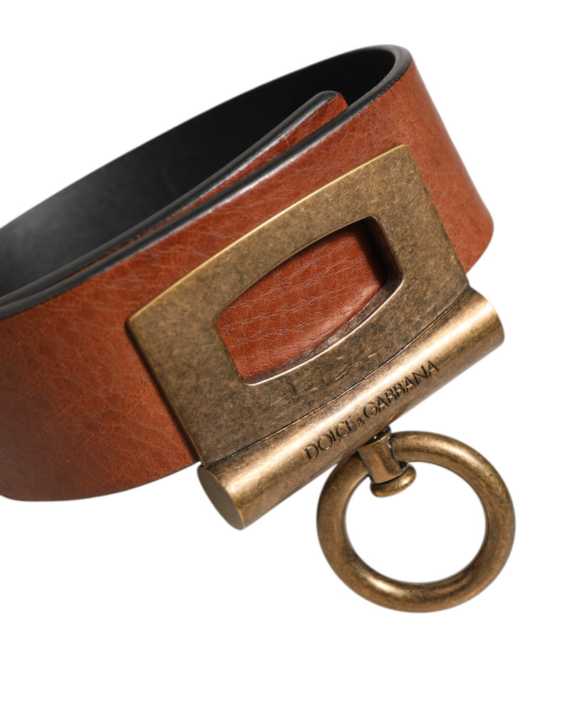 Cintura in pelle marrone Dolce & Gabbana con anelli laterali e fibbia in ottone