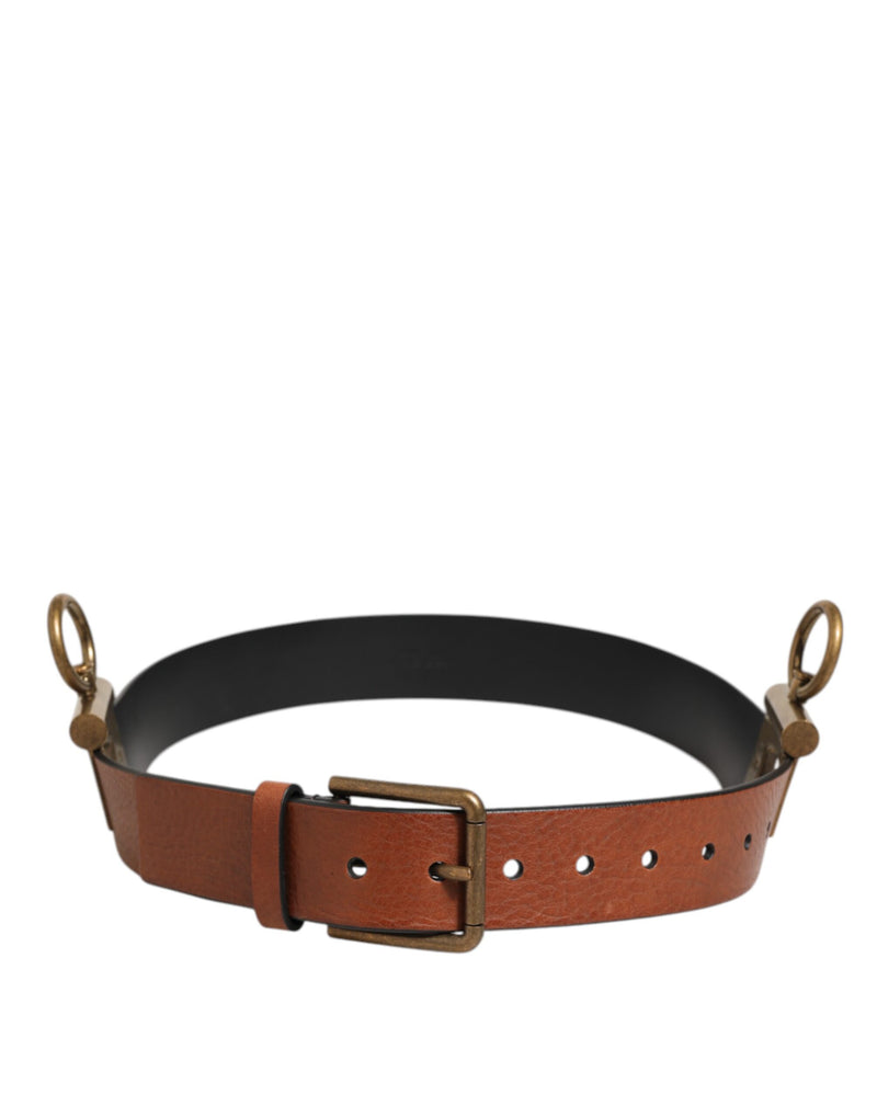 Cintura in pelle marrone Dolce & Gabbana con anelli laterali e fibbia in ottone
