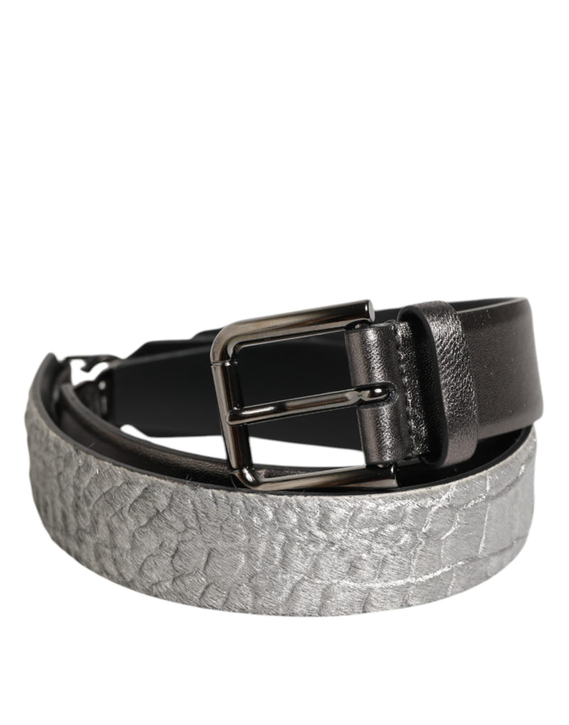 Ceinture Dolce & Gabbana noire pour homme en cuir grainé argenté avec boucle