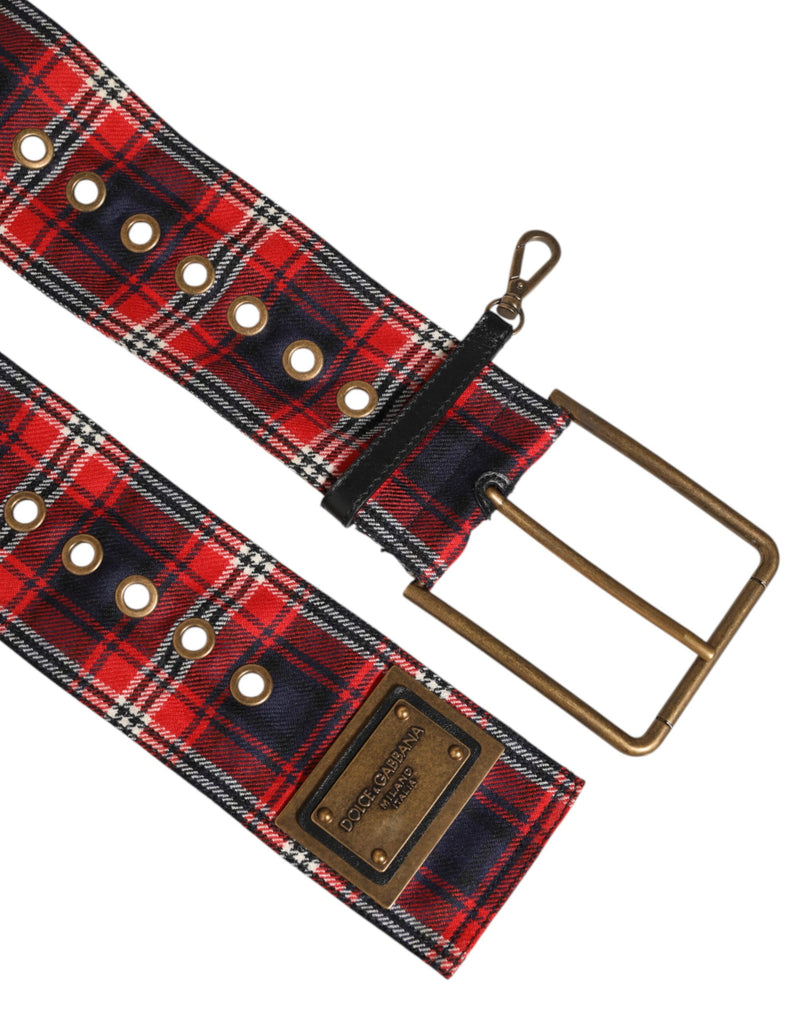 Cinturón de tela de cuadros rojos con placa con logotipo y hebilla de latón de Dolce & Gabbana