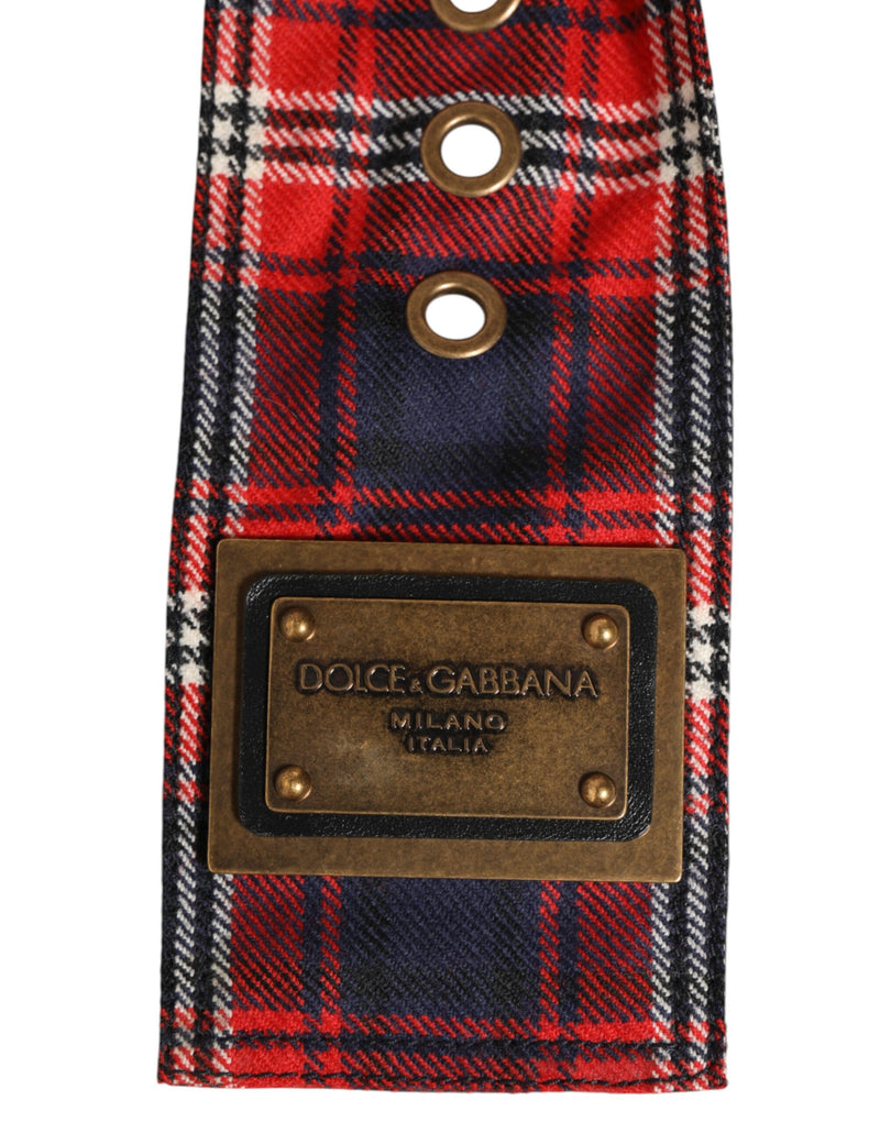 Cinturón de tela de cuadros rojos con placa con logotipo y hebilla de latón de Dolce & Gabbana
