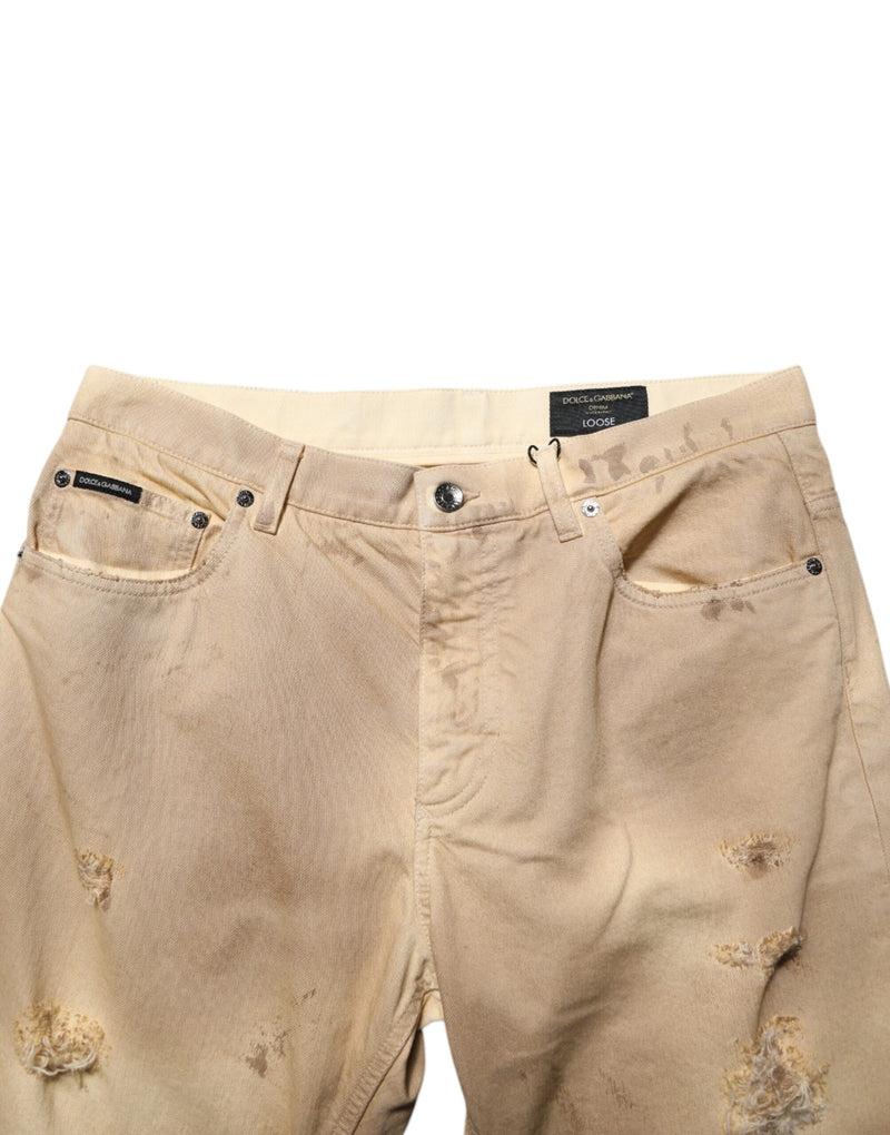 Dolce & Gabbana Beige Cotton Loose Tattered Men Denim Jeans