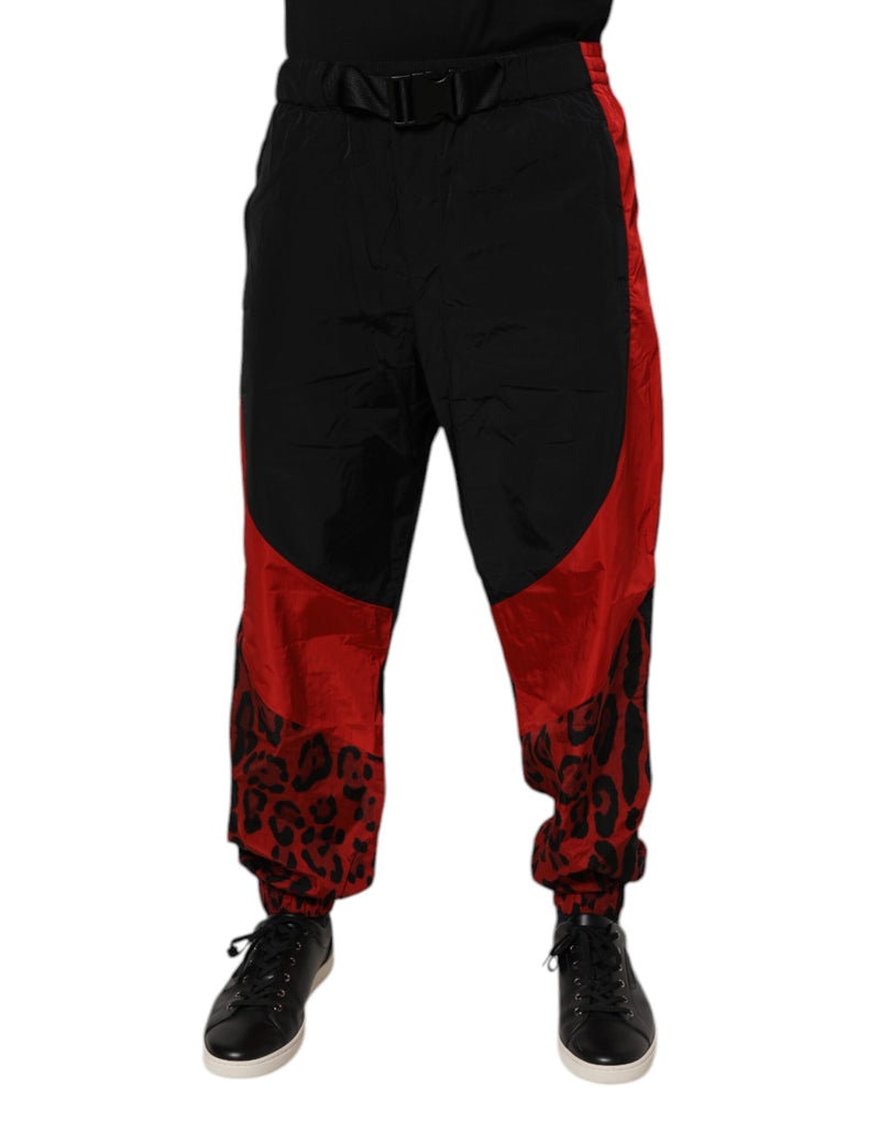 Pantalon de jogging en nylon à imprimé léopard noir et rouge Dolce & Gabbana