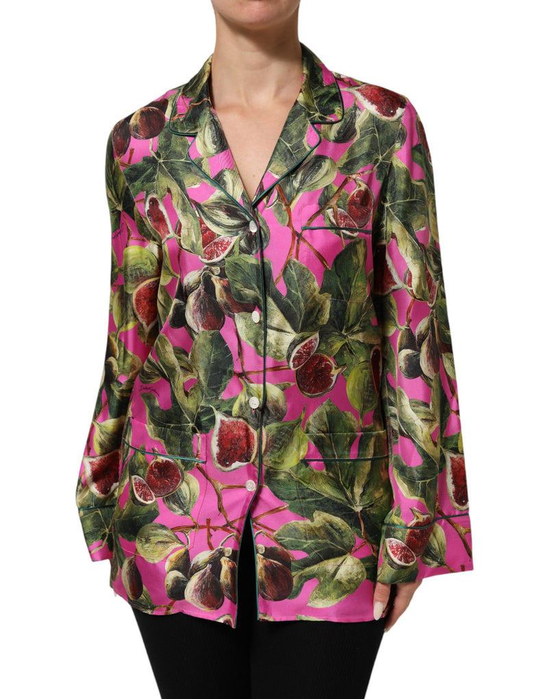 Camicia-blusa in seta rosa acceso con stampa di fichi Dolce & Gabbana