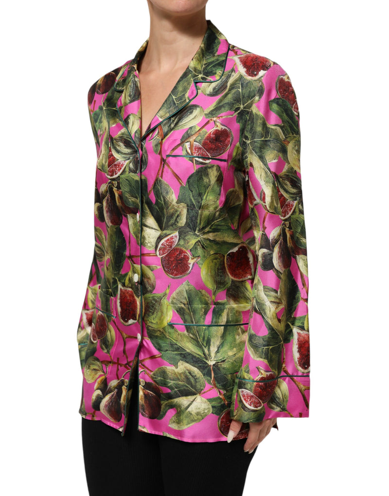 Camicia-blusa in seta rosa acceso con stampa di fichi Dolce & Gabbana