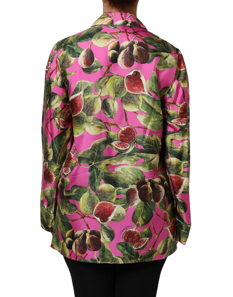 Camicia-blusa in seta rosa acceso con stampa di fichi Dolce & Gabbana