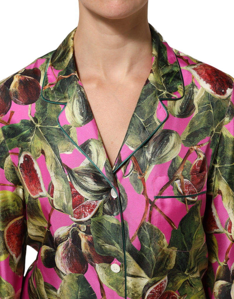 Camicia-blusa in seta rosa acceso con stampa di fichi Dolce & Gabbana
