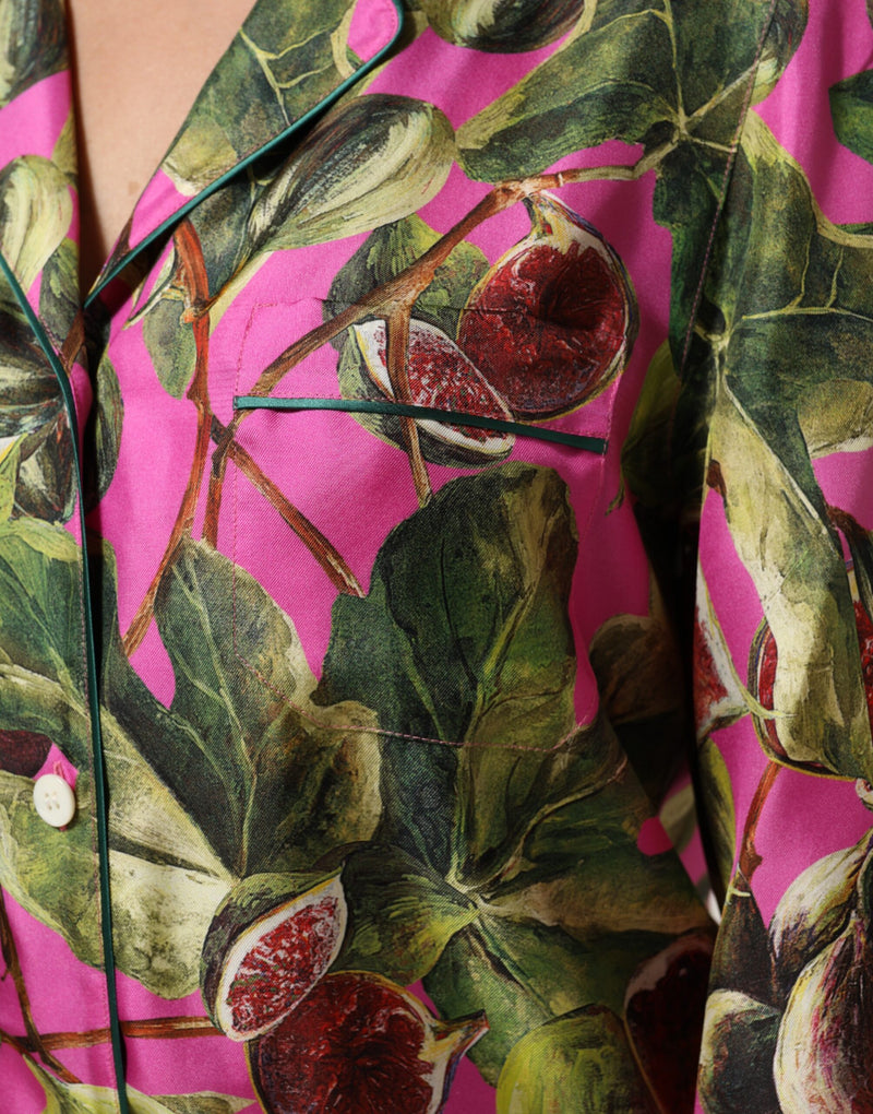 Camicia-blusa in seta rosa acceso con stampa di fichi Dolce & Gabbana