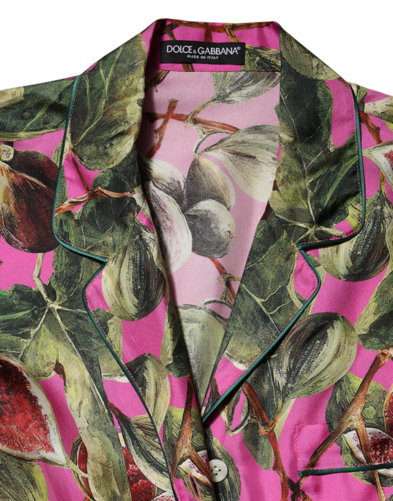 Camicia-blusa in seta rosa acceso con stampa di fichi Dolce & Gabbana
