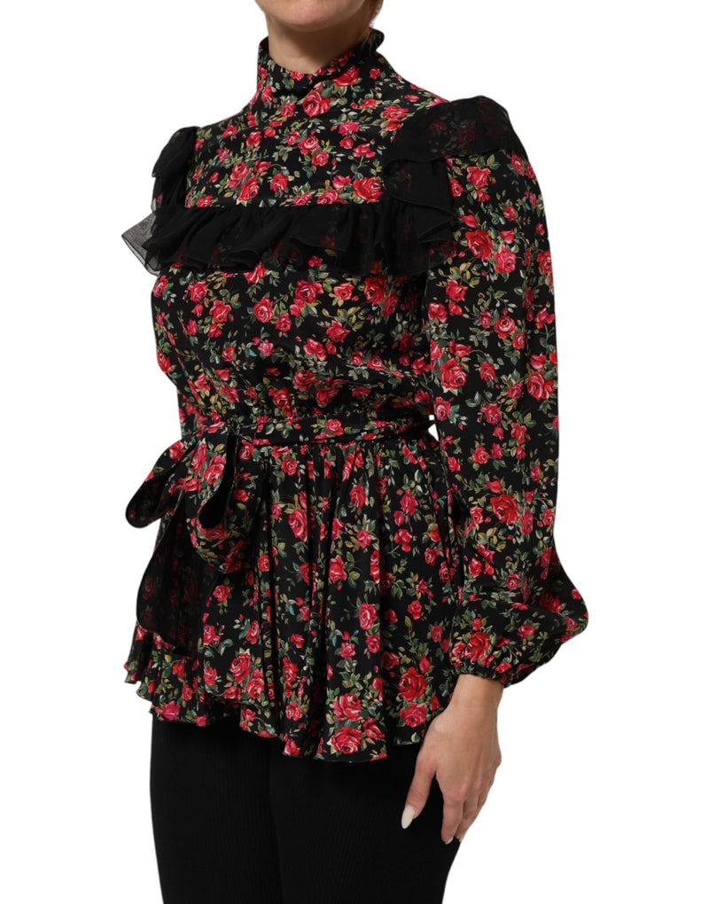 Blusa negra de manga larga con estampado floral de Dolce & Gabbana