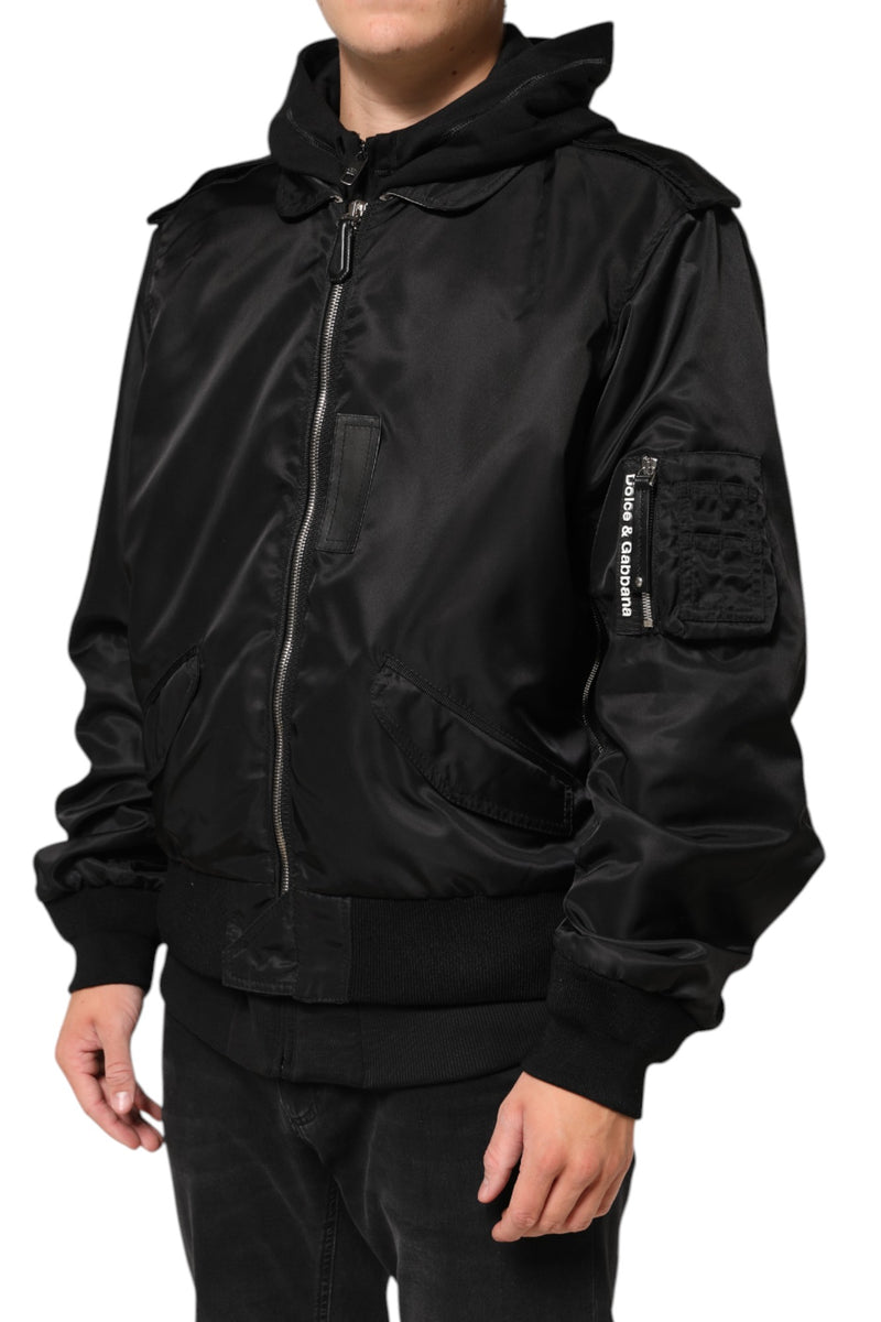 Bomber nero in cotone con cappuccio e zip integrale Dolce & Gabbana