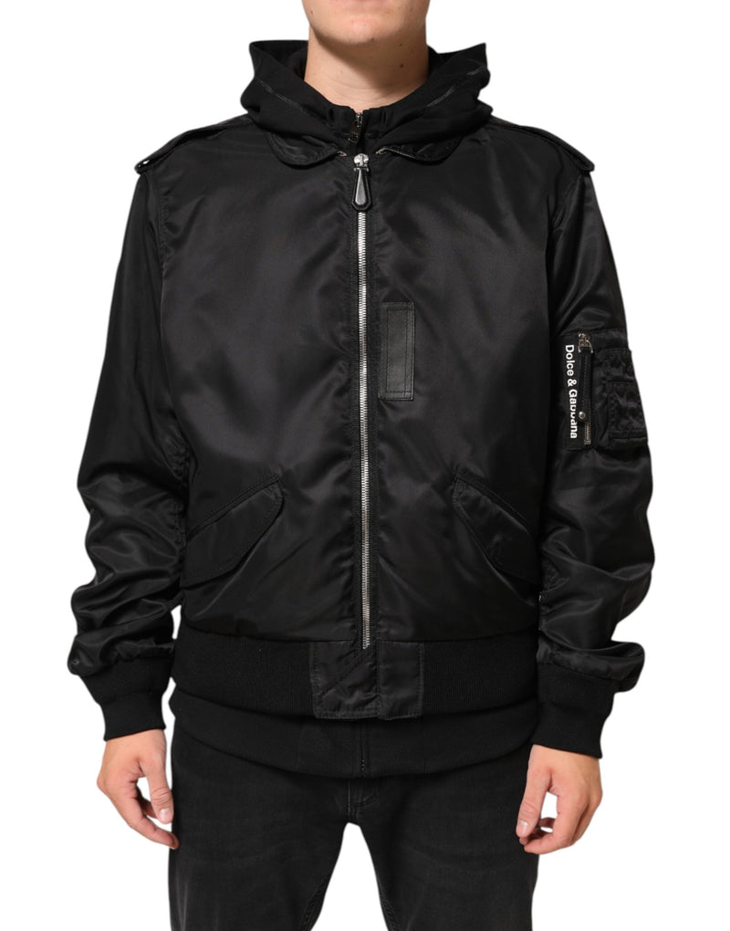 Bomber nero in cotone con cappuccio e zip integrale Dolce & Gabbana