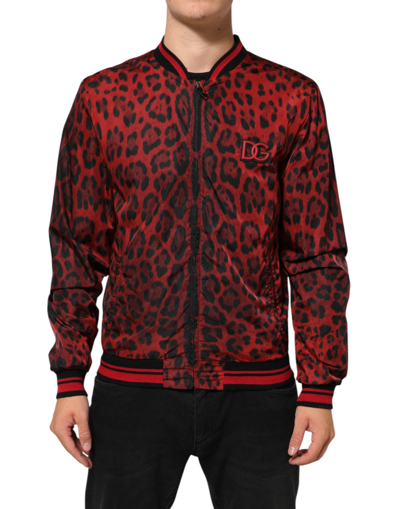 Chaqueta bomber roja para hombre con estampado de leopardo y cierre completo de Dolce & Gabbana