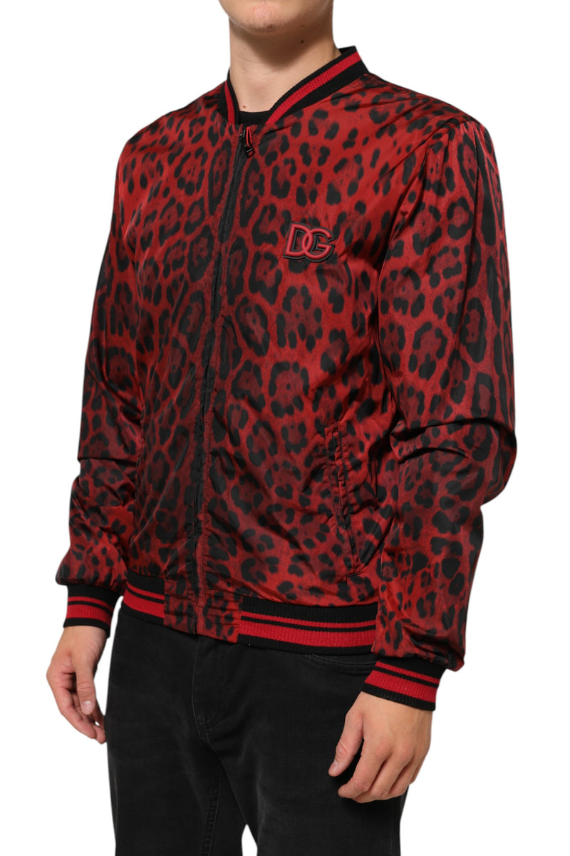 Chaqueta bomber roja para hombre con estampado de leopardo y cierre completo de Dolce & Gabbana