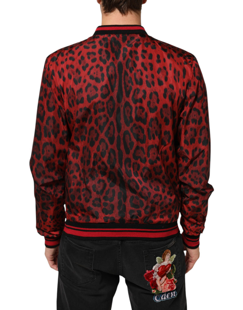 Chaqueta bomber roja para hombre con estampado de leopardo y cierre completo de Dolce & Gabbana
