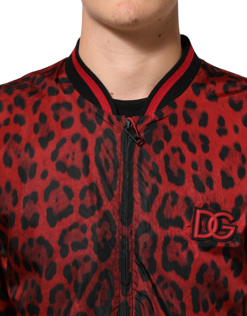Chaqueta bomber roja para hombre con estampado de leopardo y cierre completo de Dolce & Gabbana