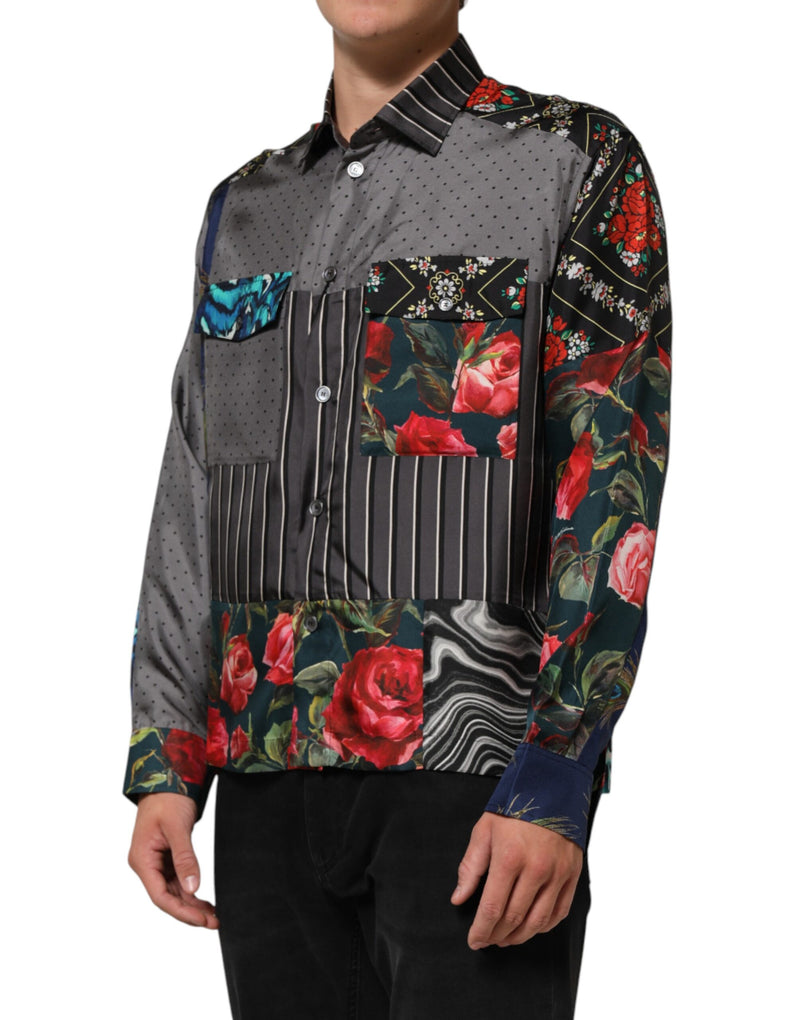 Camisa de seda Dolce & Gabbana com mangas longas e patchwork multicolorido