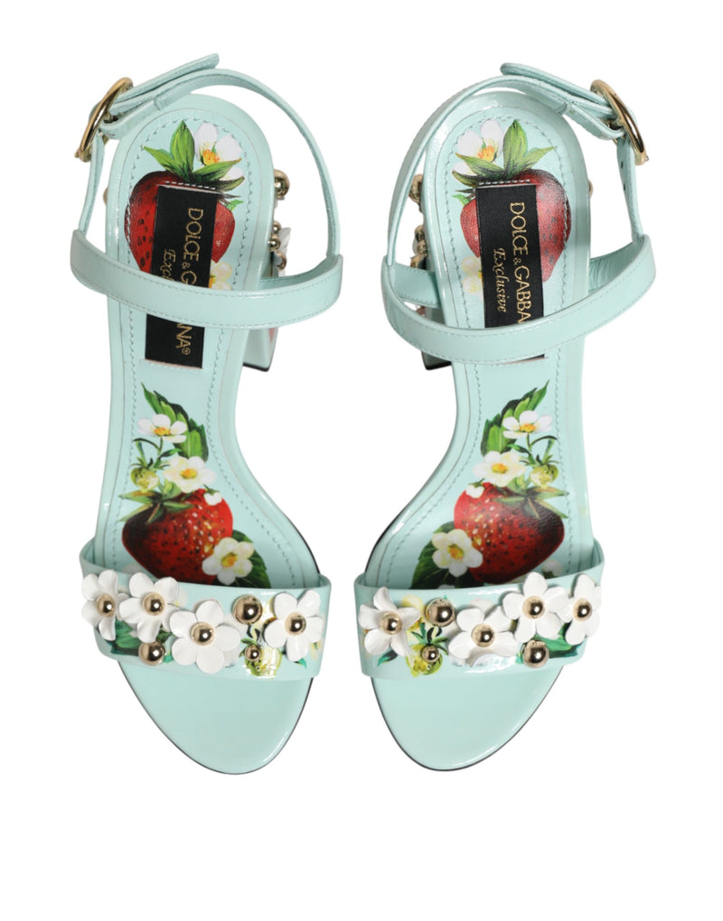Sandali con tacco e borchie floreali verde menta Dolce & Gabbana