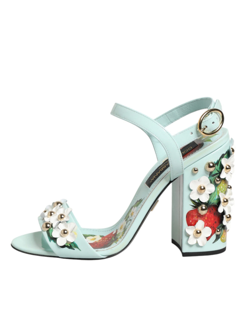 Sandali con tacco e borchie floreali verde menta Dolce & Gabbana