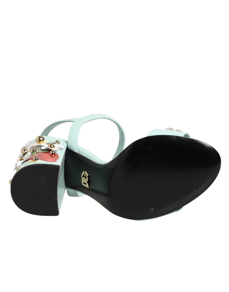 Sandali con tacco e borchie floreali verde menta Dolce & Gabbana