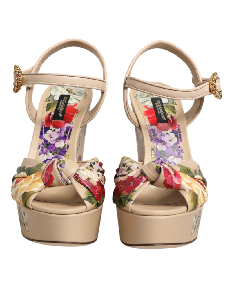 Dolce & Gabbana Beige Floral Ankle Strap Wedge Sandals Shoes