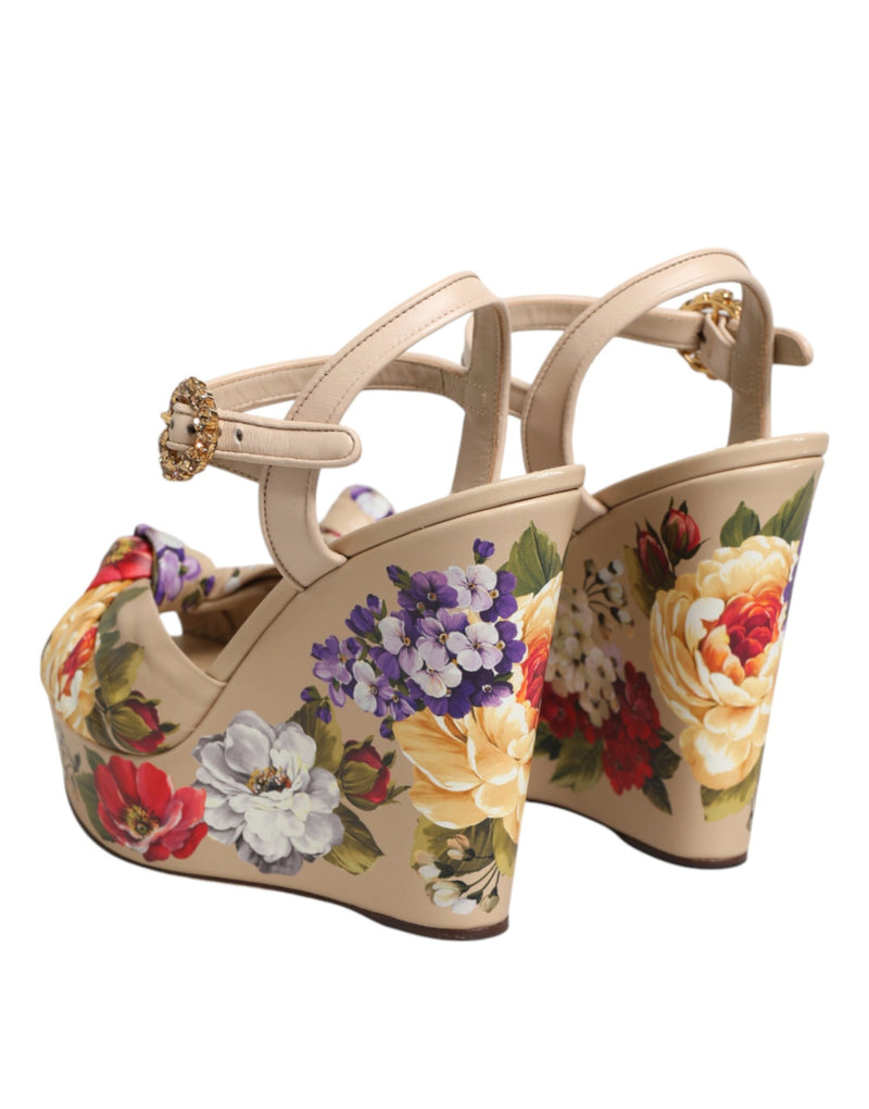 Dolce & Gabbana Beige Floral Ankle Strap Wedge Sandals Shoes