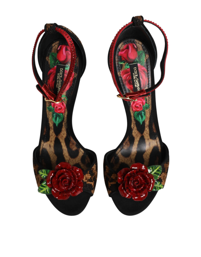 Sandales Dolce & Gabbana en cuir marron à imprimé léopard et roses en cristal