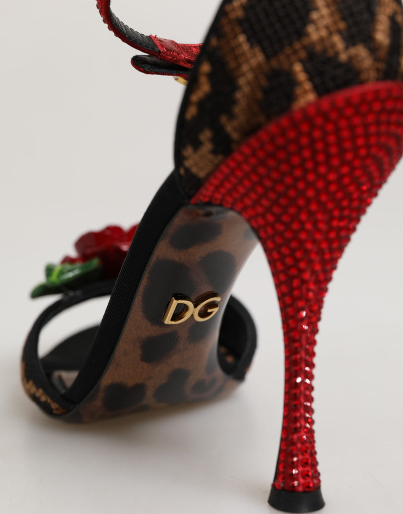 Sandales Dolce & Gabbana en cuir marron à imprimé léopard et roses en cristal