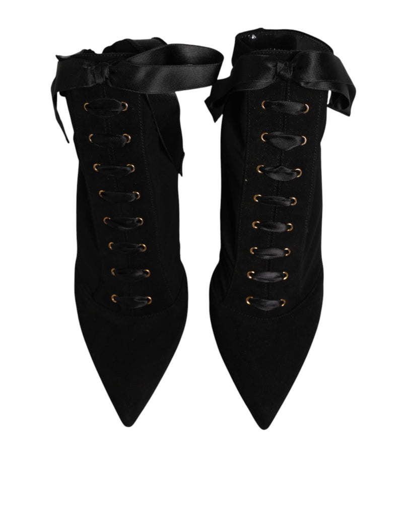 Bota preta Dolce & Gabbana de salto agulha com cadarço e renda