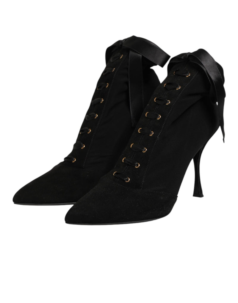 Bota preta Dolce & Gabbana de salto agulha com cadarço e renda