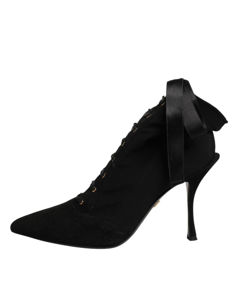 Bota preta Dolce & Gabbana de salto agulha com cadarço e renda