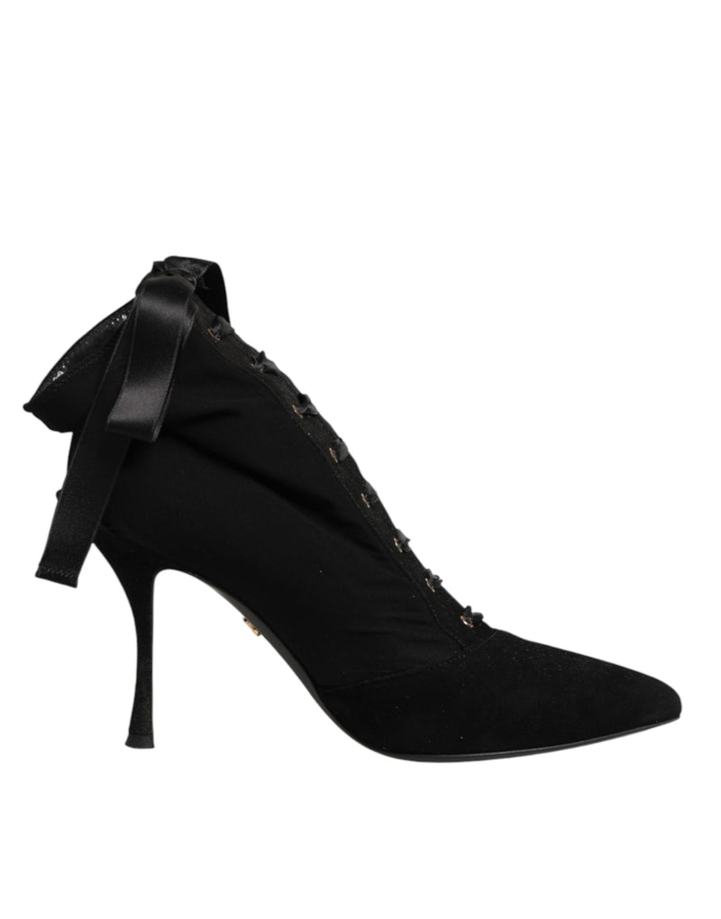Bota preta Dolce & Gabbana de salto agulha com cadarço e renda