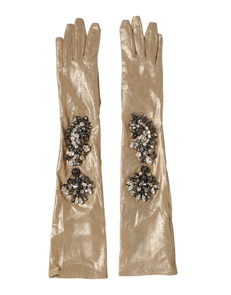 Dolce & Gabbana Guanti a manopola beige in raso con cristalli, lunghi fino al gomito