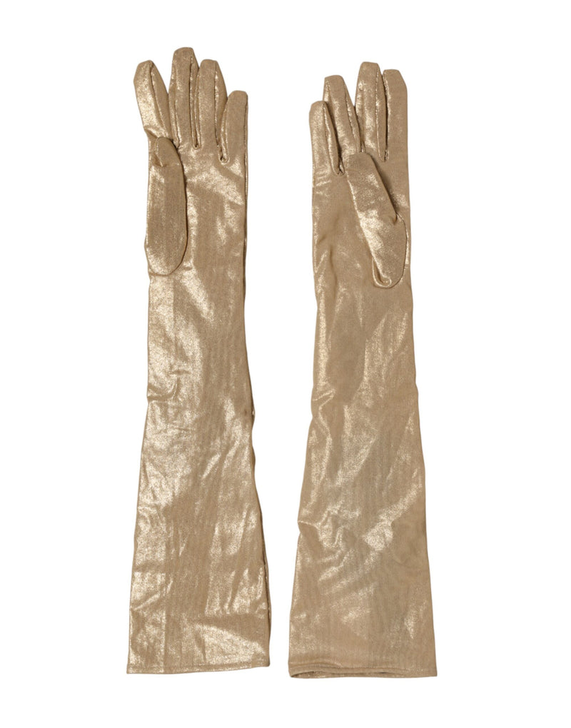 Dolce & Gabbana Guanti a manopola beige in raso con cristalli, lunghi fino al gomito