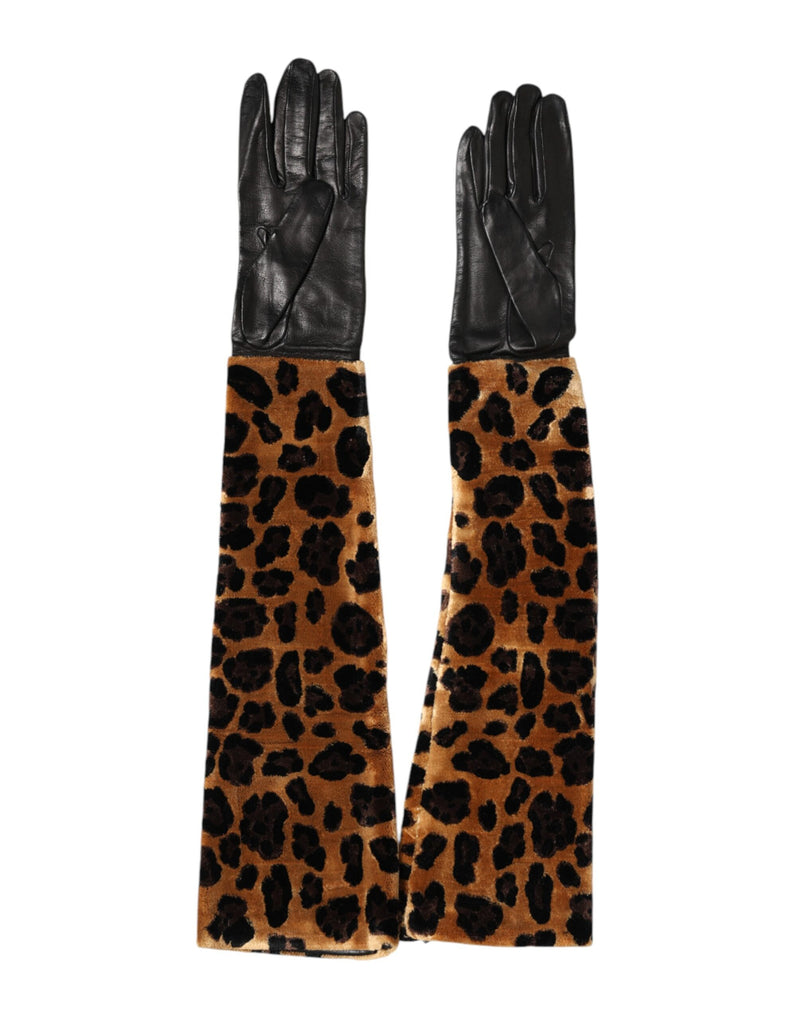 Moufles Dolce & Gabbana en cuir marron et noir à imprimé léopard, longueur coude