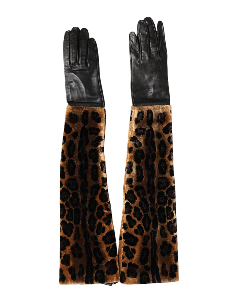 Moufles Dolce & Gabbana en cuir marron et noir à imprimé léopard, longueur coude