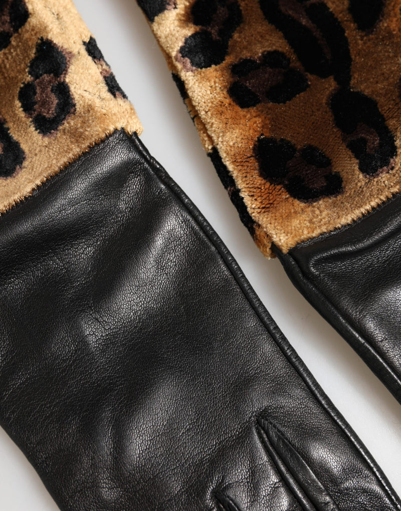 Moufles Dolce & Gabbana en cuir marron et noir à imprimé léopard, longueur coude