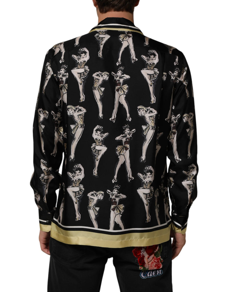 Dolce & Gabbana Black Silk Pin Up Printed Button Down Shirt