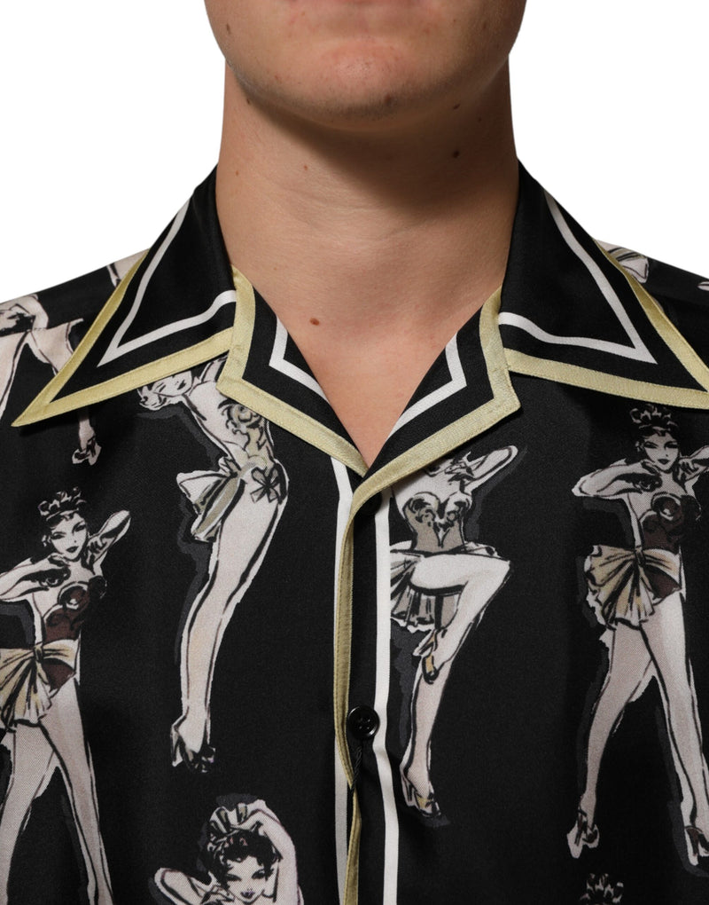 Dolce & Gabbana Black Silk Pin Up Printed Button Down Shirt