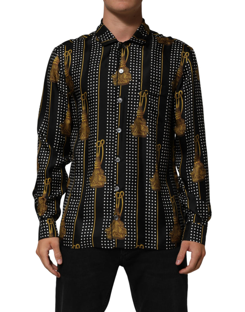 Dolce & Gabbana Camicia nera in seta a pois con nappine e chiusura con bottoni