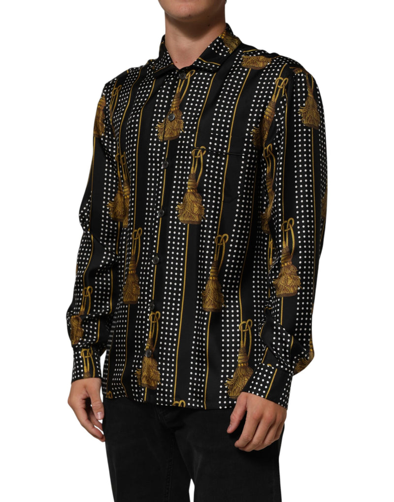 Dolce & Gabbana Camicia nera in seta a pois con nappine e chiusura con bottoni