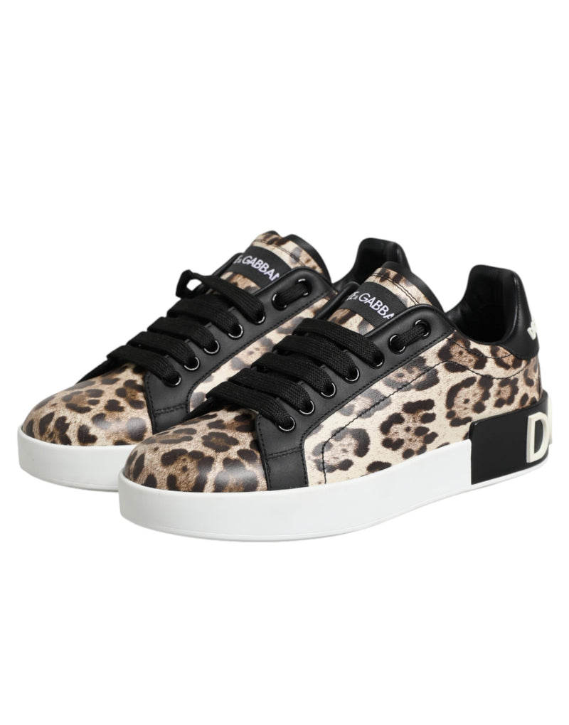 Baskets basses en cuir marron à imprimé léopard Dolce & Gabbana