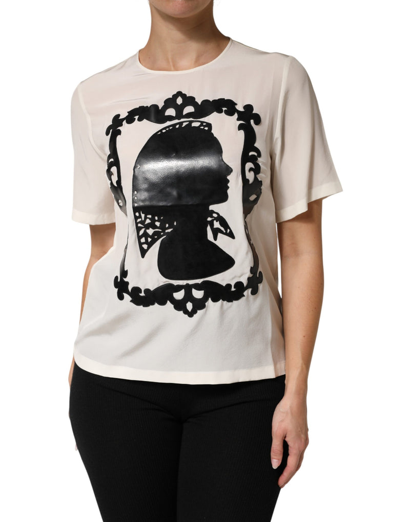 Blusa de seda creme com detalhe em silhueta e mangas curtas da Dolce & Gabbana