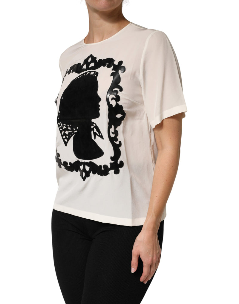Blusa de seda creme com detalhe em silhueta e mangas curtas da Dolce & Gabbana